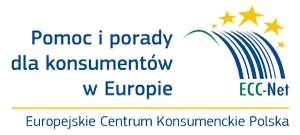 Logo Europejskie Centrum Konsumenckie Polska. Po lewej stronie obrazka znajduje się napis w kolorze niebieskim ,,Pomoc i porady dla konsumentów w Europie”. Po prawej stronie znajdują się niebieskie kreski, które swoim układem przypominają spływająca  wodę. Na dole tych linii znajduje się napis w kolorze niebieskim ,,ECC-Net” W prawym górnym rogu grafiki znajduje się  pięć złotych gwiazd. Ta część grafiki oddzielona jest żółtą linią. Pod linią znajduję się napis w kolorze niebieskim ,,Europejskie Centrum Konsumenckie Polska”. Cała grafika jest na białym tle. 