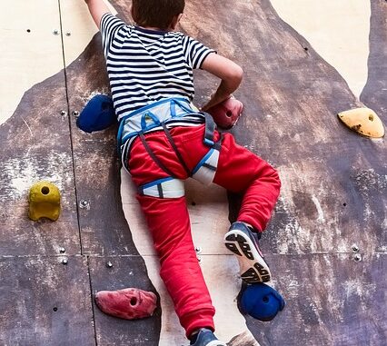 Grafika przedstawia ścianę wspinaczkową po której wchodzi dziecko. Na ściance znajdują się kolorowe uchwyty do wspinania. Dziecko ma sportowe obuwie, czerwone spodnie i koszulkę w biało-granatowe paski.