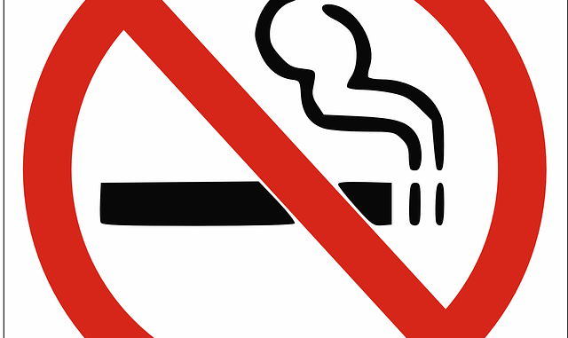 Grafika przedstawia znak zakazu palenia. Znak jest w kształcie koła. Obwódka koła jest w kolorze czerwonym. W środku znaku znajduje się pozycji poziomej prostokąt. Po prawej stronie prostokąta umieszczone są dwie pionowe kreseczki. Nad tymi kreskami unosi się chmura dymu. Grafika w środku obrazuje paląc się papieros. Z ukosa przez środek koła biegnie czerwona linia przekreślająca symbol papierosa.