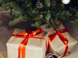 Grafika przedstawia dwa prezenty pod choinką . Prezenty są spakowane w jasnokremowy papier, przewiązane czerwonymi wstążkami. Prezenty leżą bezpośrednio na podłodze. Choinka jest koloru zielonego, wiszą na niej lampki, szyszki i bombka koloru białego.