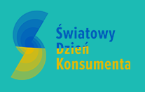 Grafika przedstawia logo Światowego Dnia Konsumentów. Tło grafiki jest w kolorze turkusowym. Po lewej stronie ilustracji znajduje się litera S. Górna część litery S jest w kolorze niebieskim, dolna w kolorze żółtym. W centralnym punkcie grafiki widnieje napis Światowy Dzień Konsumenta. Napis jest w kolorze niebiesko-żółtym.